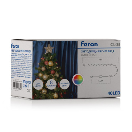 Св/д гирлянда Feron CL03 лин.4м +1.5м 230V мультиколор, с контроллером, зеленый шнур