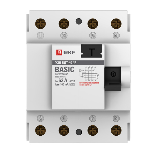 Устройство защитного отключения ВДТ-40 УЗО 4П 63А (электронное) 4,5кА 100мА Basic EKF
