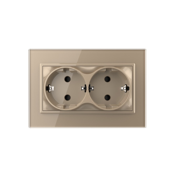 Розетка Livolo электрическая двойная 1 пост с заземлением, рамкой, защитными шторками 16A, цвет золотой VL-C7CTF16A.TF16A-AP
