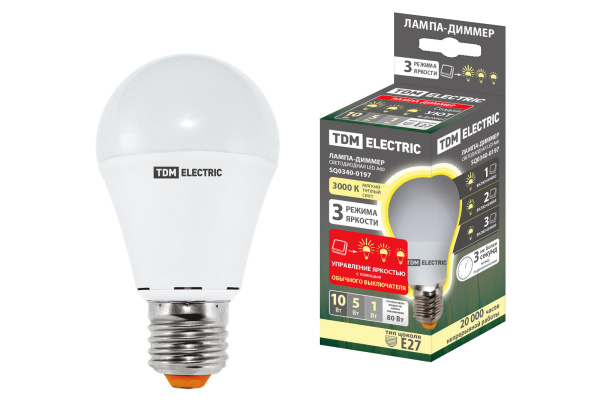 Лампа светодиодная А60 - 10 Вт-230 В -3000 К–E27 "Лампа-ДИММЕР" TDM Лампа светодиодная А60 - 10 Вт-230 В -3000 К–E27 "Лампа-ДИММЕР" TDM