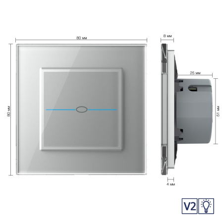 Сенсорный диммер Quadro версия 2, 1 клавиша 1 пост Серый Livolo