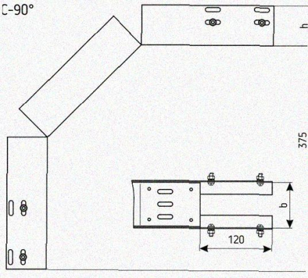 Лоток перфорированный КС 75х50-90 УТ1,5 для поворота трассы вниз на 90, оцинкованный лист, S1,0