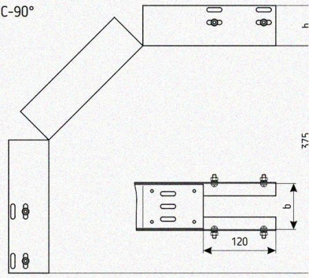 Лоток перфорированный КС 250х65-90 УТ1,5 для поворота трассы вниз на 90, оцинкованный лист S1,5