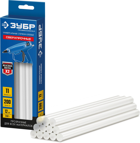 Профессионал прозрачные сверхпрочные клеевые стержни, d 11 х 200 мм (11-12 мм) 12 шт. 240 г. ЗУБР