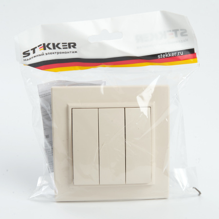 Выключатель 3-клавишный STEKKER PSW10-9007-02, 250В, 10А, серия Эрна, слоновая кость