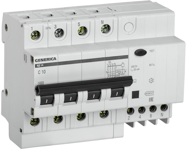 Дифференциальный автоматический выключатель АВДТ АД14 4П 10А 30мА GENERICA