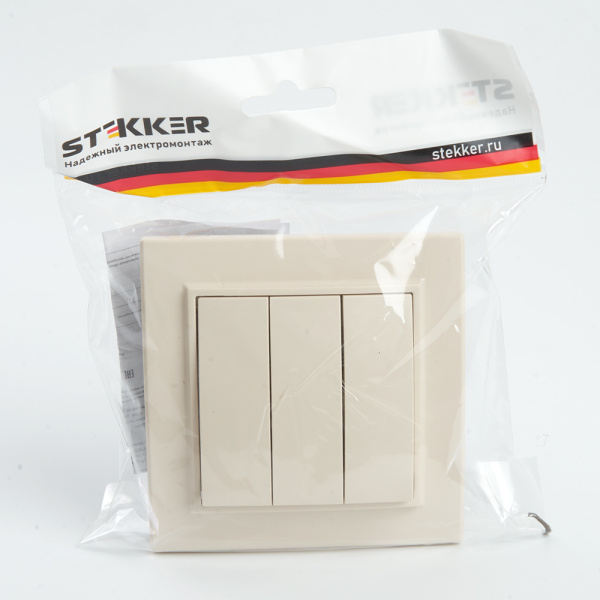 Выключатель 3-клавишный STEKKER PSW10-9007-02, 250В, 10А, серия Эрна, слоновая кость