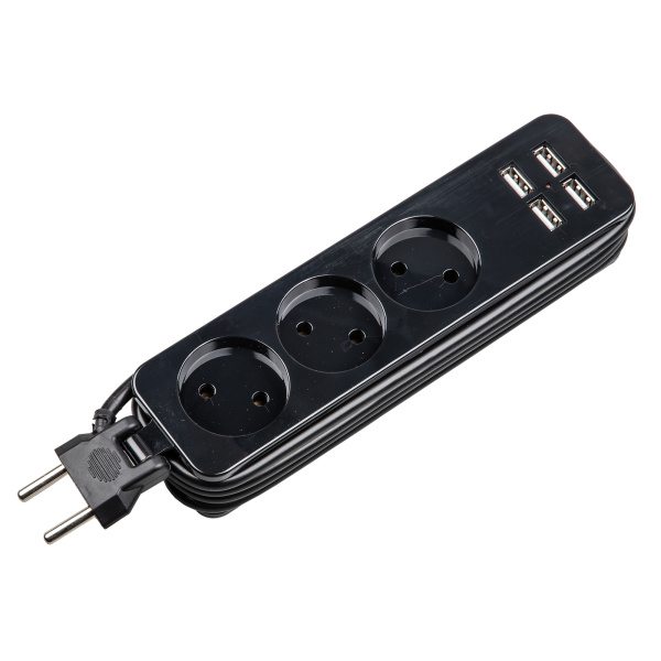Удлинитель сетевой Travel ПВС 2x1, 3 гнезда без зазем. 10A, шнур 1,8м  4USB3.1A. черный Uniel