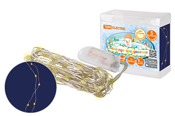 Гирлянда светодиодная "Роса50" 50LED, 5м, 3000К, 2хCR2032, TDM