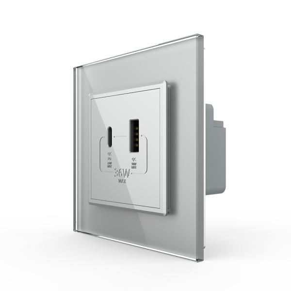 Розетка USB type C+A с блоком питания 36W Livolo 1 пост Серая VL-C7VUA18W.UC18W-2IP Розетка USB type C+A с блоком питания 36W Livolo 1 пост Серая VL-C7VUA18W.UC18W-2IP