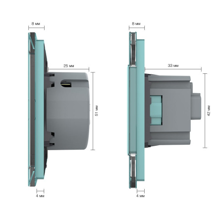 Сенсорный выключатель комб. на 3 линии 1 розетка 3 модуля Зеленый Livolo