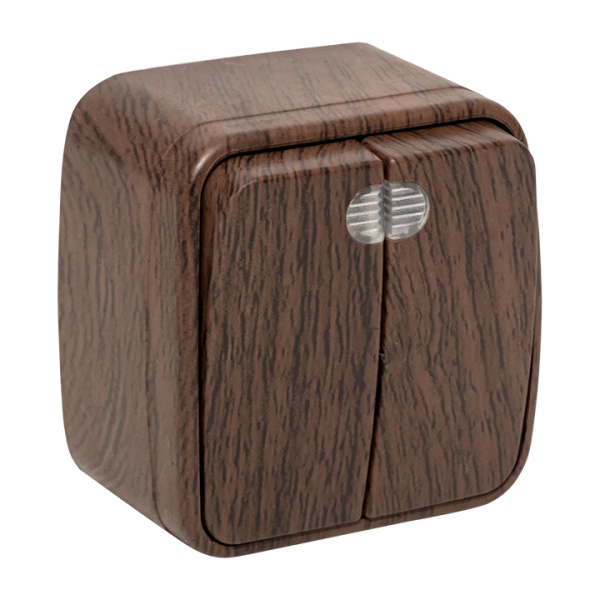 Минск Выключатель 2-клавишный ОП 10А с индикатором тёмное дерево EKF