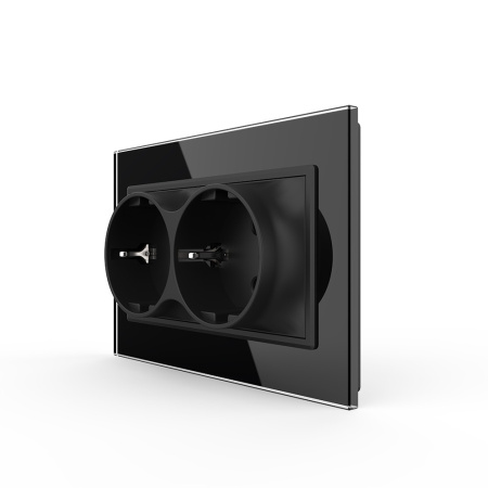 Розетка Livolo электрическая двойная 1 пост с заземлением, рамкой, защитными шторками 16A, цвет черный VL-C7CTF16A.TF16A-BP