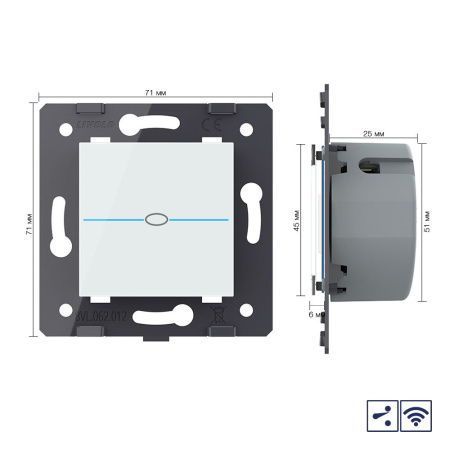 Одноклавишный проходной сенсорный выключатель Quadro с радиоупр., цвет белый (механизм) Livolo