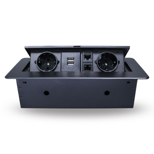 Розетка горизонтальная выдвижная 2 Euro 16А, 2 USB A с блоком 5В/2.1А, 2 RJ45 RocketSocket, проводка, цвет черный