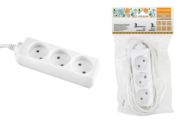 Удлинитель народный  УН3  3 гнезда, 3метра, б/з, ШВВП 2х0,75 мм2  6А/250В TDM