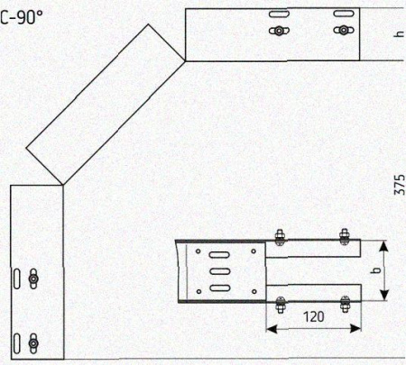 Лоток перфорированный КС 100х25-90 УТ1,5 для поворота трассы вниз на 90, горячее цинкование, S1,5