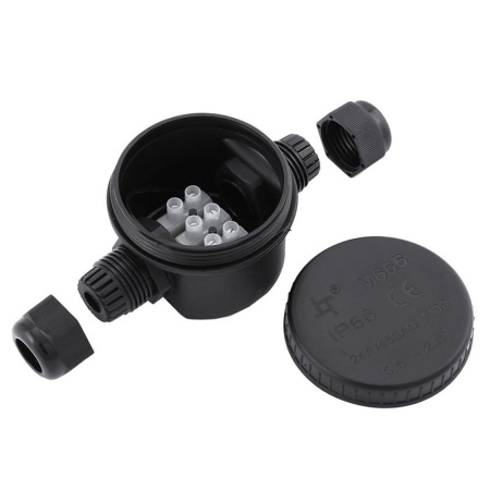 LD544 Коробка распределит. водонепрониц круглая 2 вых. с 3-конт.коннектором, 450V,106х64х46 STEKKER