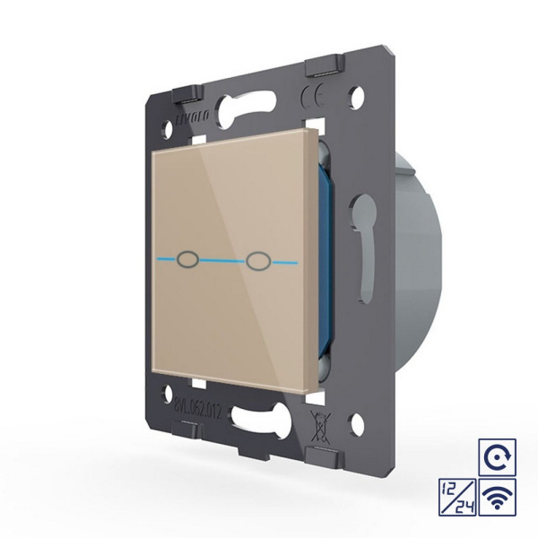 Двухклавишная сенсорная кнопка Quadro 12/24В с радиоупр., цвет золотой (механизм) Livolo