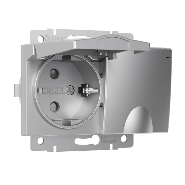 Розетка двойная влагозащ. с зазем. с защит. крышками и шторками (серебряный) СУ IP44 Werkel