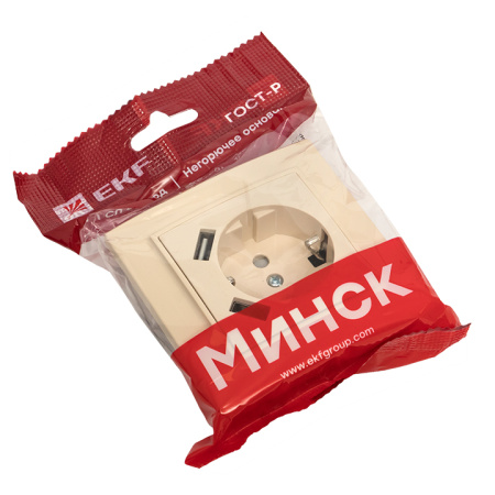 Минск Розетка 1-местная СП с/з 16А бежевая с защ, штор, с 2 USB 2,1А EKF