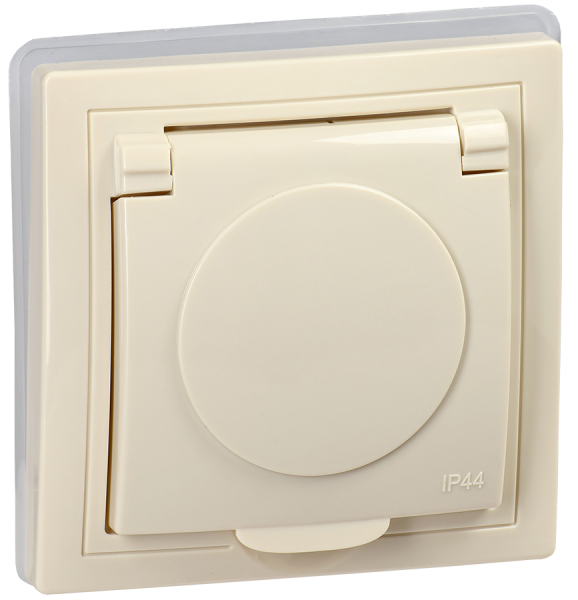 KVARTA Розетка 1-местная РСбш10-3-ККм-44 с з/з с защитными шторками и крышкой 16А IP44 кремовый IEK