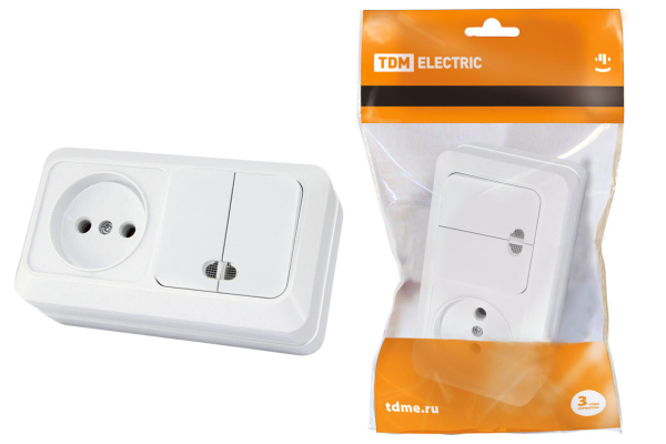 Блок комбинированный выключатель 2-кл. 10А с подсветкой + розетка 2П 10А 250В БКВР IP20 белый "Ладог