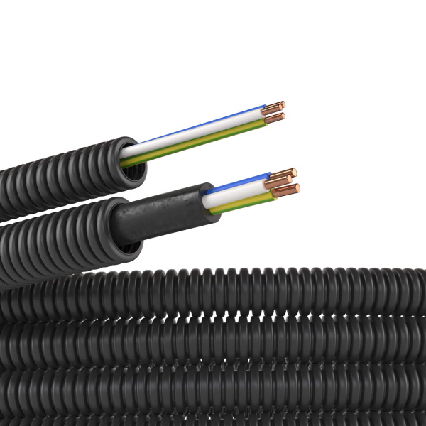Труба ПНД гибкая гофр. д.16мм, цвет черный, с проводом ПуВ 3х2,5мм² РЭК "ГОСТ+", 50м DKC