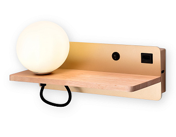 Настенный светильник с выкл, USB и полкой FW520 GD/LW золото/светлое дерево G9 max 40W 280*100*125 (лампа LED G9 5W 4200K в компл.) Ambrella Light