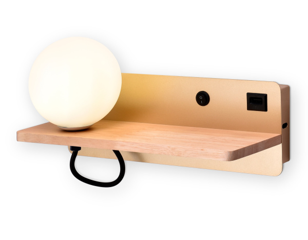 Настенный светильник с выкл, USB и полкой FW520 GD/LW золото/светлое дерево G9 max 40W 280*100*125 (лампа LED G9 5W 4200K в компл.) Ambrella Light