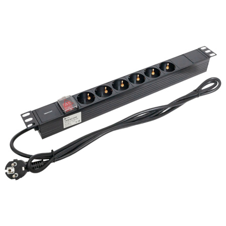 Блок розеток PDU TERACOM 19" 1U 16А/250В 6 розеток Schuko с выключателем шнур питания длиной 2 метра сечение 3x1,5 мм2 вилка Schuko корпус пластик чер