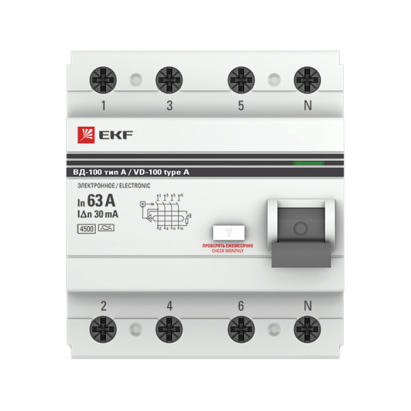 Устройство защитного отключения ВД-100 УЗО 4П 63А (электр, тип А) 4,5кА 30мА PROxima EKF