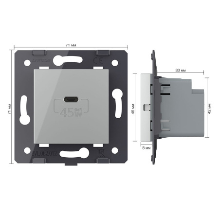 Розетка USB type C с блоком питания 45W, цвет серый (механизм) Livolo