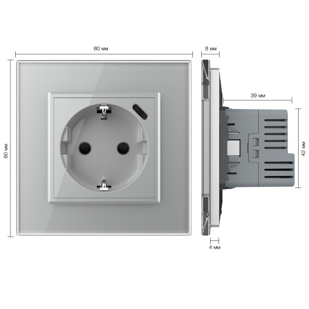 Розетка электрическая + USB type-C с блоком питания 18W Livolo 1 пост Серая VL-C7CTF16A.UC18W-2IP