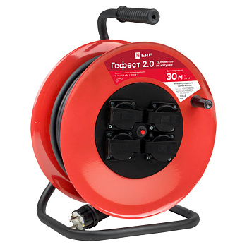 Удлинитель на катушке "Гефест 2,0" 4 гнезда 50м с заземлением и предохранителем КГ 3*1,5 16А/3,5кВт IP44 PROxima EKF