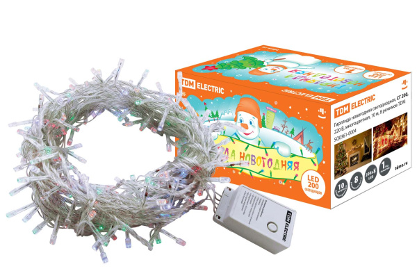 Гирлянда новогодняя светодиодная, СГ 200, 220 В, многоцветная, 10 м, 8 режимов TDM Гирлянда новогодняя светодиодная, СГ 200, 220 В, многоцветная, 10 м, 8 режимов TDM