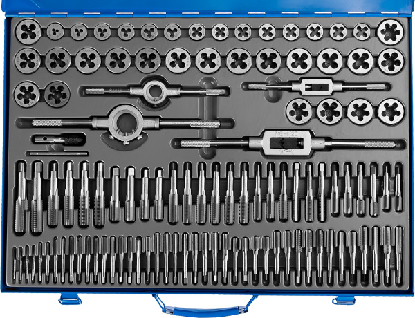 110 предметов, набор метчиков и плашек, сталь Р6М5 ЗУБР