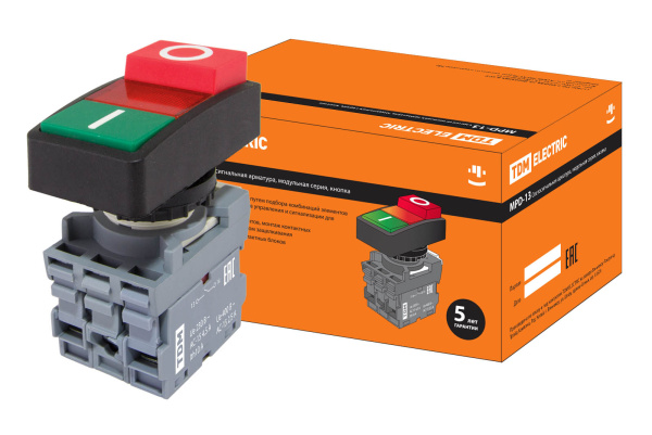 Кнопка двойная MPD13-11R (зеленая/красная-выступающая) (LED) в сборе d22мм/220В (I/O) линза красная 