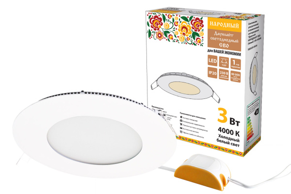Светильник ультратонкий встраиваемый светодиодный "Даунлайт НАРОДНЫЙ" СВО (белый) 3 Вт 4000К TDM