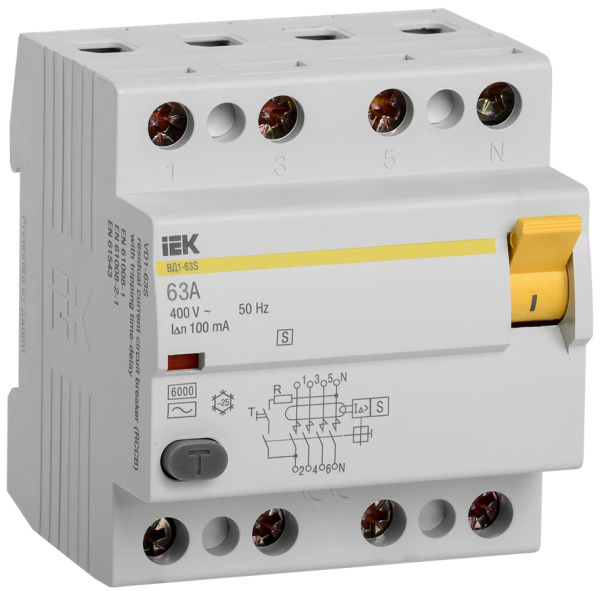 Устройство защитного отключения УЗО ВД1-63S 4П 63А 100мА IEK