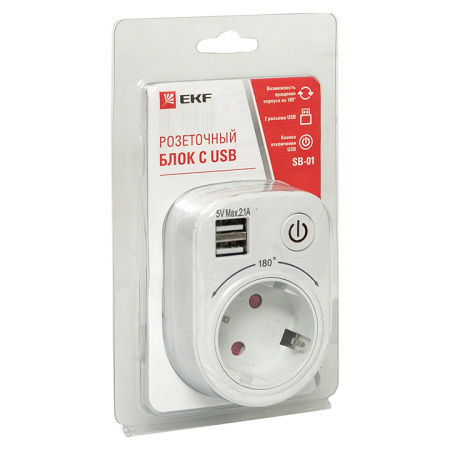Розеточный блок SB-01 (розетка 2P+E 16А, 2 USB разъема 5V 2,1A) PROxima EKF