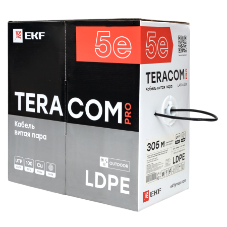 Кабель витая пара TERACOM PRO Cat,5E U/UTP 4 пары solid внешний 24AWG оболочка LDPE цвет черный (упак, 305м) EKF