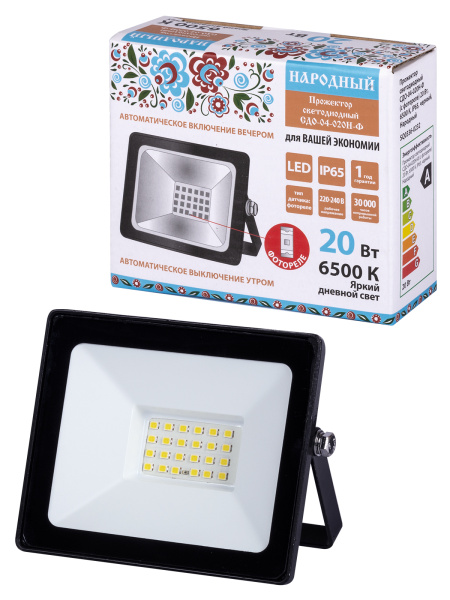 Прожектор светодиодный СДО-04-020Н-Ф (с фотореле) 20 Вт, 6500 К, IP65, черный, Народный TDM