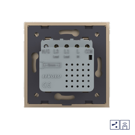 Двухклавишный проходной сенсорный выключатель Module с функцией радиоуправления, цвет золотой Livolo