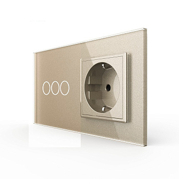 Трехклавишный сенсорный выключатель с розеткой 2 поста, цвет шампань Livolo
