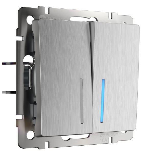 Встраиваемые механизмы Выключатель СУ 2 кл.(проход.) с подсветкой 10А cеребряный рифленый IP20 Werkel