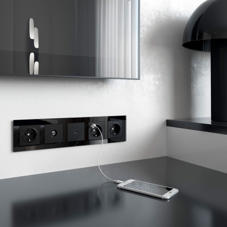 Встраиваемые механизмы Розетка СУ 1 мест. с заземл., шторками и USBх2 16А черный матовый IP20 Werkel