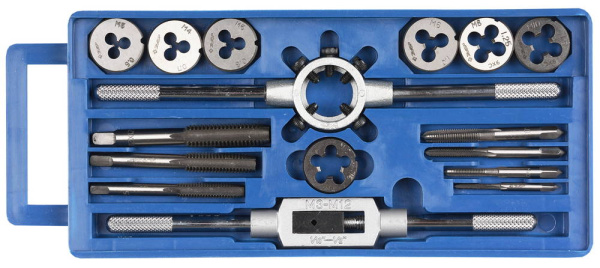16 предметов, набор метчиков и плашек в пластиковом боксе, сталь 9ХС ЗУБР