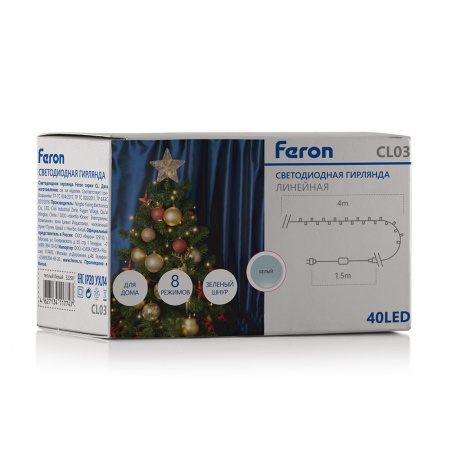 Св/д гирлянда Feron CL03 лин.4м +1.5м 230V 5000K, с контроллером, зеленый шнур