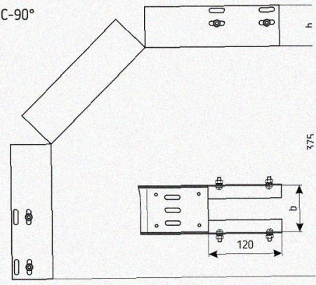 Лоток перфорированный КС 100х100-90 УТ1,5 для поворота трассы вниз на 90, горячее цинкование S1,5